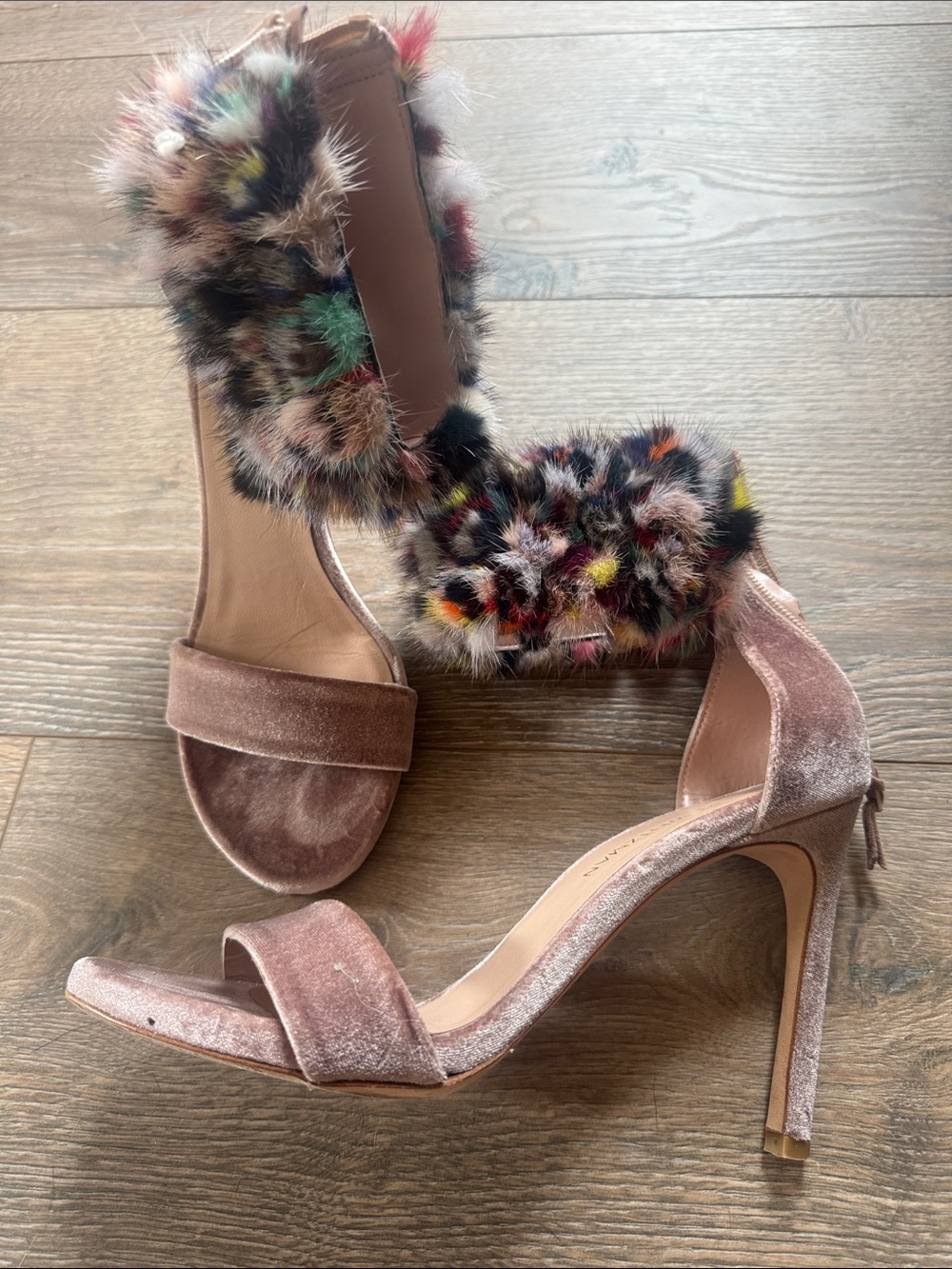 Stuart Weitzman Blush Pink Velvet Heels with Multicolor Faux Fur Trim